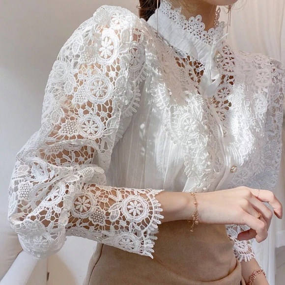 Tops - Lace blouse floral womens long sleeve white crochet top flower